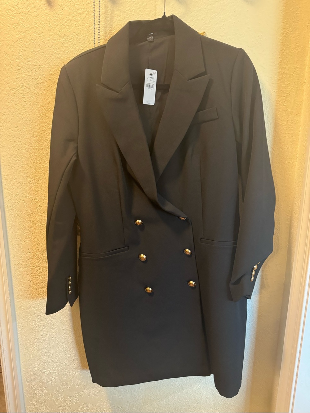 Express Black Double-Breasted Midi Blazer Dress with Gold Buttons